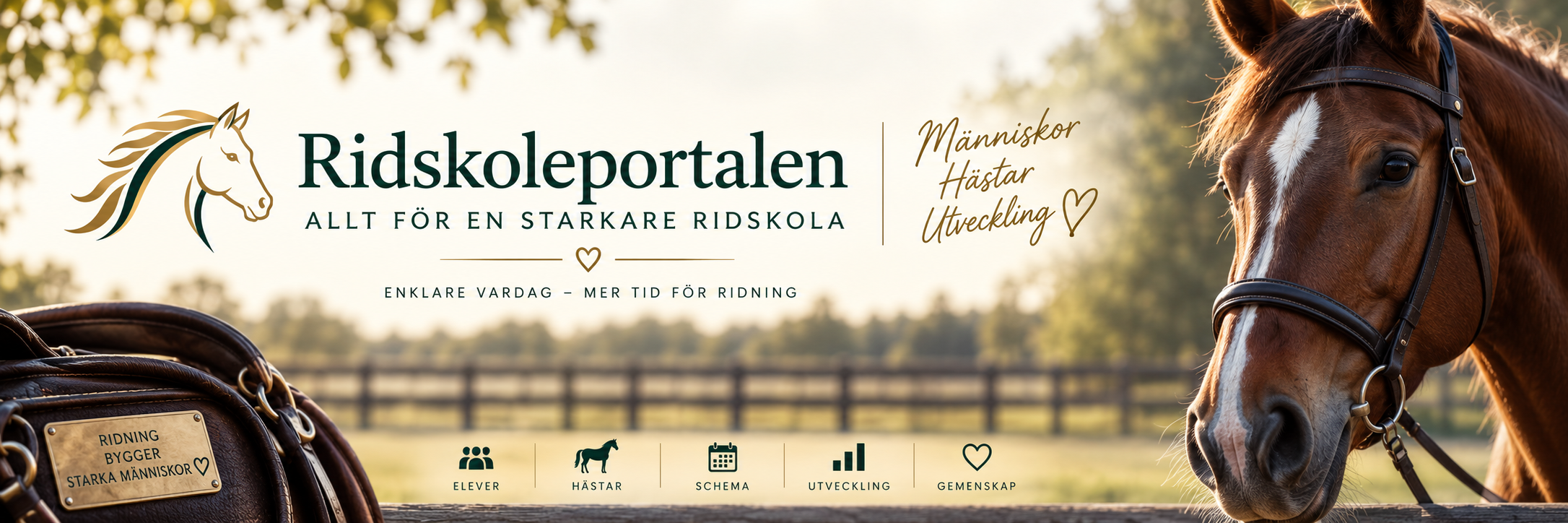 Ridskoleportalens originalbanner med häst, logotyp och budskapet Allt för en starkare ridskola